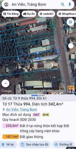 Bán đất mặt tiền đường nhựa Xã Đồi 61 DT342,4m2,sổ riêng thổ cư