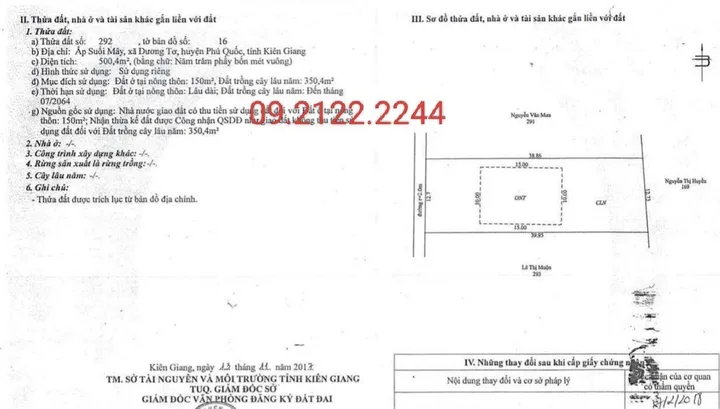 Bán đất 500.4m² có 150m² thổ cư ngang 12.7m Suối Mây giá 7.5 tỷ tại Đặc khu Phú Quốc