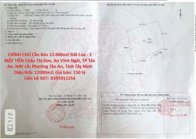 CHÍNH CHỦ Cần Bán 12.000m2 Đất Lúa - 2 MẶT TIỀN Châu Thị Kim, An Vĩnh Ngãi, TP Tân An