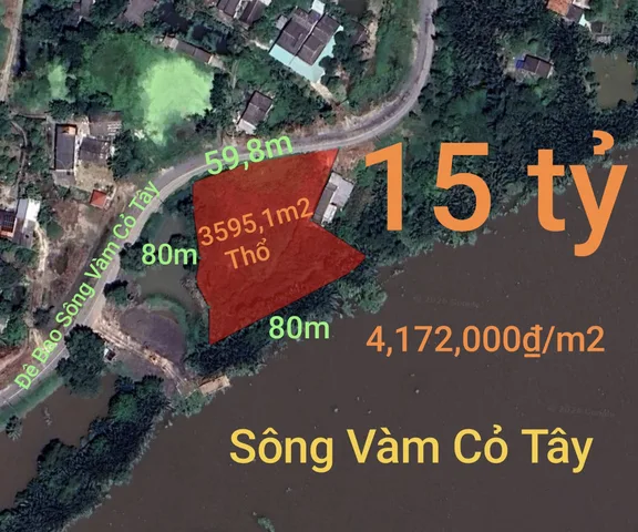 Bán đất 3595,9m² full thổ cư ngang 60m giá 15 tỷ tại Xã Tân Trụ