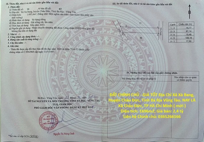ĐẤT CHÍNH CHỦ - GIÁ TỐT Địa Chỉ Xã Xà Bang, Huyện Châu Đức, Tỉnh Bà Rịa Vũng Tàu