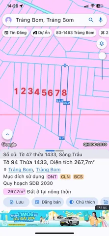 Bbán 8 lô mặt tiền đường nhựa ngay ấp 1 Sông Trầu sát đường Nguyễn Hoàng.và khu công nghiệp bàu xéo.
Dt : 5x33; 5x52 thổ cư 100%
Đường nhựa thông tứ hướng,khu dân cư ,nhà trọ kín mít..đầy đủ tiện ích trong bán kính 500m.ra trung tâm hành chính chỉ 3p
_
