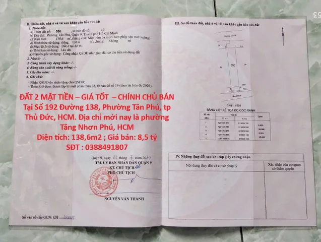 ĐẤT 2 MẶT TIỀN – GIÁ TỐT  – CHÍNH CHỦ BÁN Tại Số 192 Đường 138, Phường Tân Phú, tp Thủ Đức, HCM