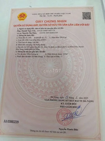 Chính chủ CẦN BÁN NHÀ DIỆN TÍCH 192 M2 TẠI 230, Trần Quốc Tảng, phường Liên Chiểu, ĐN