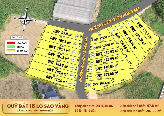 207m² đất vàng tại Sao Vàng, full thổ cư, vị trí mặt tiền đường nhựa