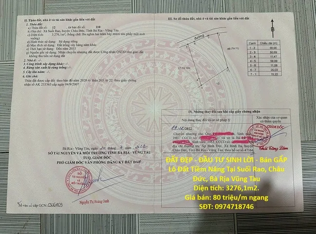 ĐẤT ĐẸP - ĐẦU TƯ SINH LỜI - Bán GẤP Lô Đất Tiềm Năng Tại Suối Rao, Châu Đức, Bà Rịa Vũng Tàu