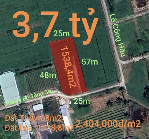 Bán đất 1538,8m² có sẵn 400m² thổ cư ngang 25m giá 3.7 tỷ tại Xã Nhựt Tảo