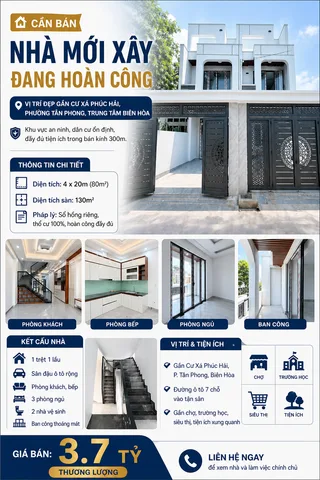 Bán nhà phường Tân Phong Biên Hòa, 1 trệt 1 lầu ,3PN, sân xe hơi, DTS130m2, gần Phúc Hải