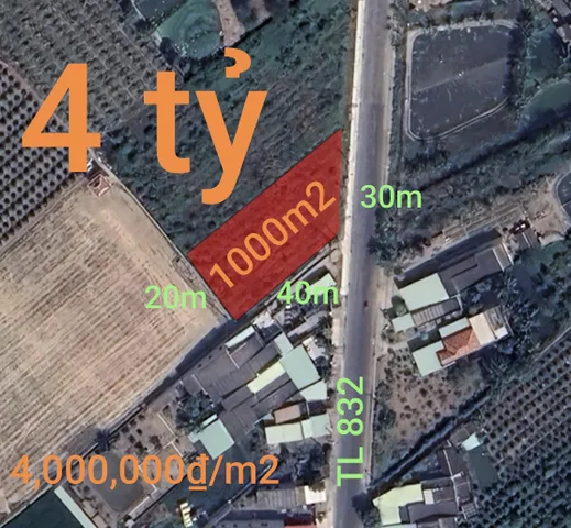 Bán đất 1000m² ngang 20m giá 4 tỷ tại Xã Vàm Cỏ