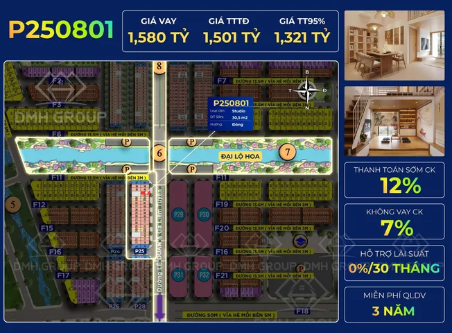 Studio đẹp nhất toà P25 mặt đường 36m view trực tiếp Đại Lộ Hoa. Thanh toán sớm chỉ 1,3 tỷ