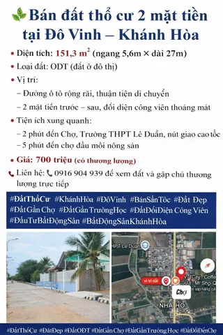 ĐẤT 2 MẶT TIỀN - 151m2 - 700 TRIỆU - ĐÔ VINH- KHÁNH HÒA