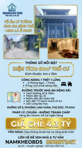 HẺM THÔNG XE TẢI 6M CẦU VƯỢT LINH XUÂN THỦ ĐỨC ,60M² (4X15),1 TRỆT 1 LỬNG, GIÁ 4.3 TỶ