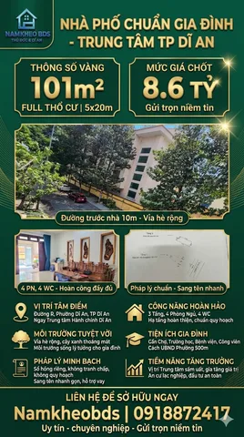 TÌM MÔI TRƯỜNG VIP CHO CON CÁI PHÁT TRIỂN - TRUNG TÂM HÀNH CHÍNH DĨ AN- ĐÂY LÀ TỔ ẤM ĐÍCH THỰC. 101M2 8.6 TỶ