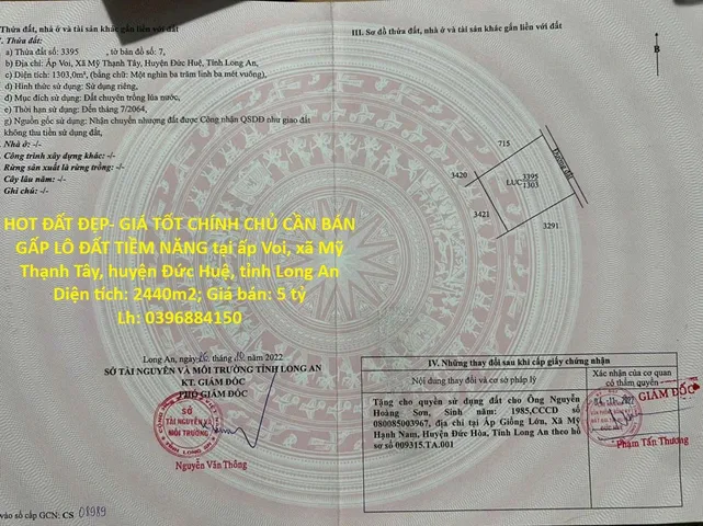 HOT ĐẤT ĐẸP- GIÁ TỐT CHÍNH CHỦ CẦN BÁN GẤP LÔ ĐẤT TIỀM NĂNG tại huyện Đức Huệ, tỉnh Long An