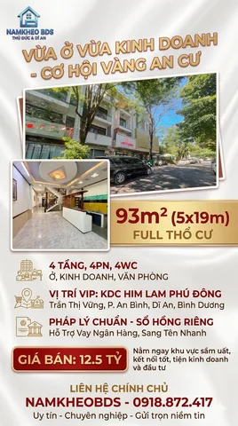 VỪA Ở VỪA KINH DOANH , MỞ VĂN PHÒNG CÔNG TY- DUY NHẤT MỘT CĂN - KDC HIM LAM PHÚ ĐÔNG DĨ AN- 93M2 - 4 TẦNG - 4PN - 12.3TỶ