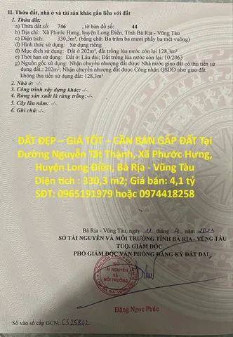 ĐẤT ĐẸP – GIÁ TỐT – CẦN BÁN GẤP ĐẤT Tại Xã Phước Hưng, Huyện Long Điền, Bà Rịa - Vũng Tàu