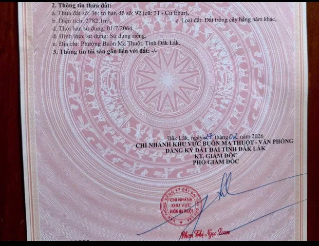 Do nhu cầu cv nên cần bán thửa đất 
DT: 2782,1m2 Thôn 8-Phường Buôn Ma Thuột.