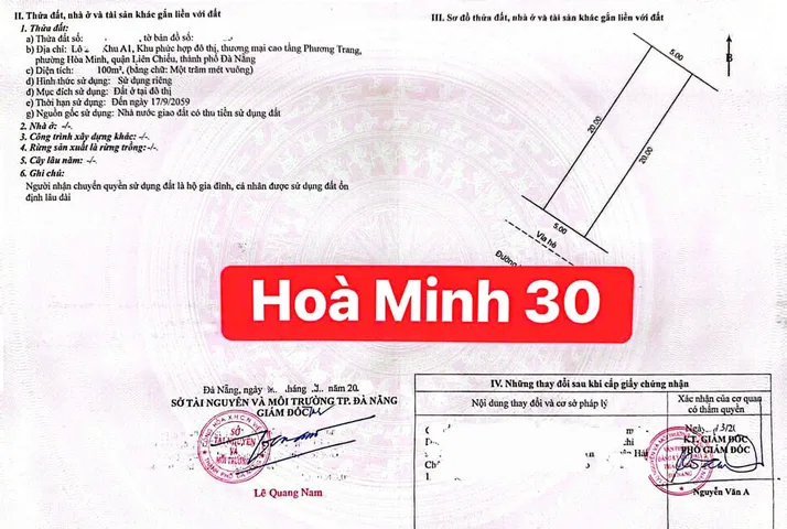 Chào bán lô ĐẤT ĐẸP, sát Góc Ngã 4 - Đường Hoà Minh 30 (A1 PHƯƠNG TRANG)