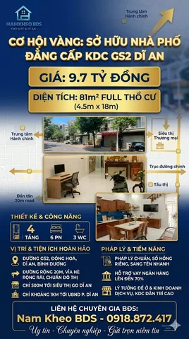 TẬN HƯỞNG CUỘC SỐNG ĐỈNH CAO, NHÀ ĐẸP - ĐƯỜNG GS2 ĐÔNG HOÀ DĨ AN - 81M2 4 TẦNG 6PN 9.7 TỶ