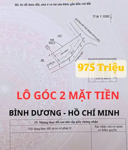 LÔ GÓC THỔ CƯ, 2 MẶT TIỀN ĐƯỜNG TẠI BÌNH DƯƠNG - HỒ CHÍ MINH. 832M2 BÁN LỖ GẤP 975TR, KHÁCH THIỆN CHÍ TÌM MUA GỌI 0903263878 XEM SỔ ĐẤT.