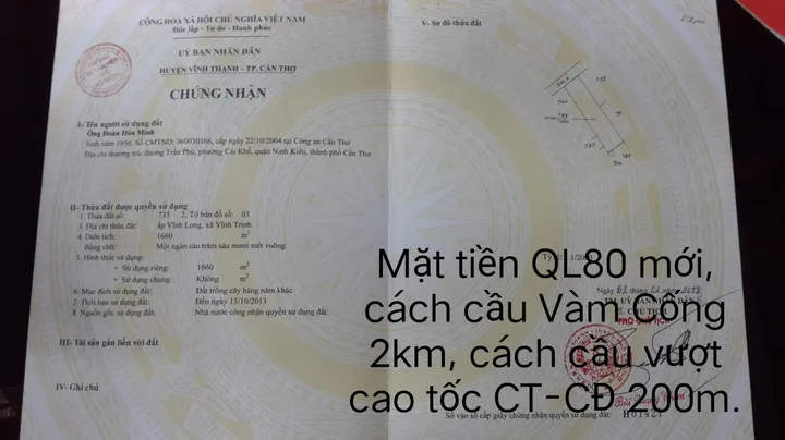 Bán đất. Mặt tiền đường dẫn QL 80, cách cầu Vàm Cống khoảng 2km, cầu vượt cao tốc Cần Thơ - Châu Đốc khoảng 200m. Mặt tiền 15,5m, dài khoảng 100m. Giá 2,1 triệu/m2. Liên hệ Minh, 0918628789