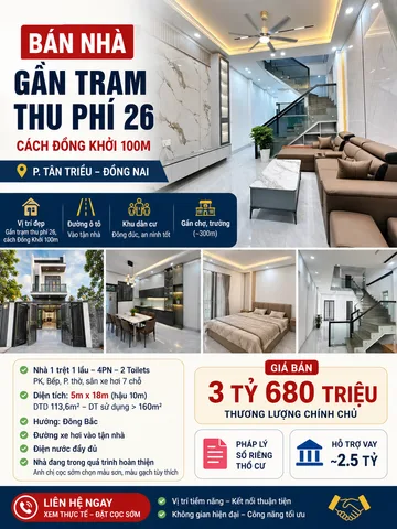 Bán nhà 1 trệt 1 lầu, 4PN, gần Đồng Khởi Phường Tân Phong, sổ riêng thổ cư, DT1137m²
