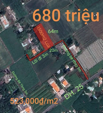 Bán đất 1300m² ngang 20m giá 680 triệu tại Xã Vàm Cỏ