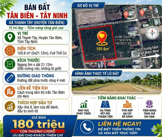 Bán đất 5mx21.12m, diện tích 105.6m2 full thổ cư tại huyện Tân Biên , Tây Ninh.