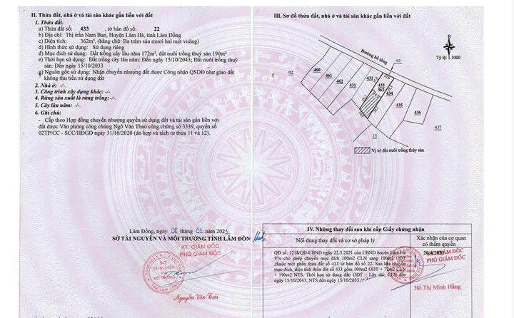 Đất thổ cư ở thị trấn Nam Ban. 500m ra đường nhựa. 1.5km tới chợ Nam Ban. Giá 799 Tr/362m2. Ngang 10m mặt tiền