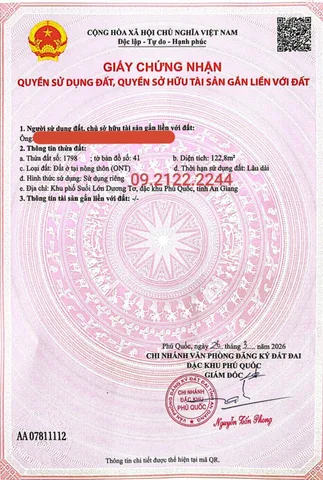 Bán đất 122.8m² full thổ cư ngang 6.3m TĐC Suối Lớn giá 2.95 tỷ tại Đặc khu Phú Quốc