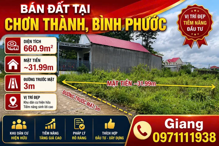 Bán đất tại Chơn Thành, Bình Phước – 660,9m² – mặt tiền gần 32m