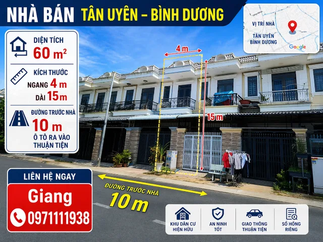 Nhà bán Tân Uyên, Bình Dương – 60m² – ngang 4m dài 15m – đường trước nhà 10m