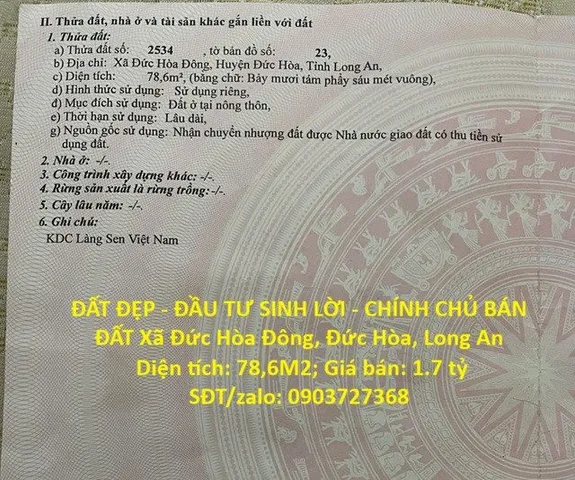 ĐẤT ĐẸP - ĐẦU TƯ SINH LỜI - CHÍNH CHỦ BÁN ĐẤT Xã Đức Hòa Đông, Đức Hòa, Long An
