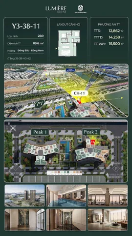 Căn 2 ngủ góc view hồ với ban công Đông Nam - Đông Bắc siêu mát.