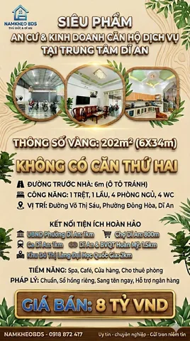 NHÀ ĐẤT SIÊU RỘNG ĐÔNG HOÀ DĨ AN 202M2 NGANG 6M 2 TẦNG 4PN GIÁ 7.8 TỶ TL