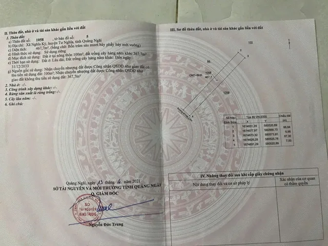 Bán đất 467.7m² có sẵn 100m² thổ cư ngang 7m giá 550 triệu tại Xã Nghĩa Giang