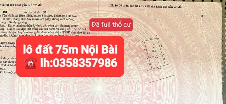 Bán đất 75m² full thổ cư ngang 6.05m giá 2.18 tỷ tại Xã Nội Bài