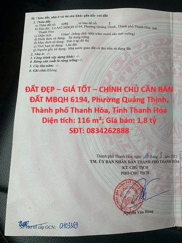 ĐẤT ĐẸP – GIÁ TỐT – CHÍNH CHỦ CẦN BÁN ĐẤT MBQH 6194, Phường Quảng Thịnh, TP. Thanh Hóa, Tỉnh Thanh Hóa