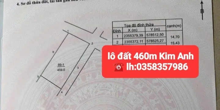 Bán đất 459m² full thổ cư ngang 14.7m giá 8.77 tỷ tại Xã Kim Anh