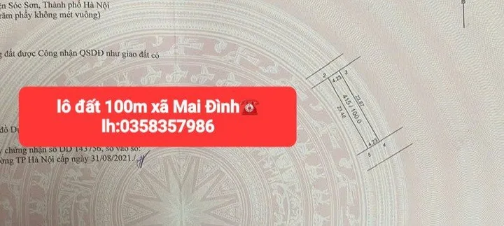 Bán đất 100m² full thổ cư ngang 4.28m giá 3.55 tỷ tại Xã Sóc Sơn