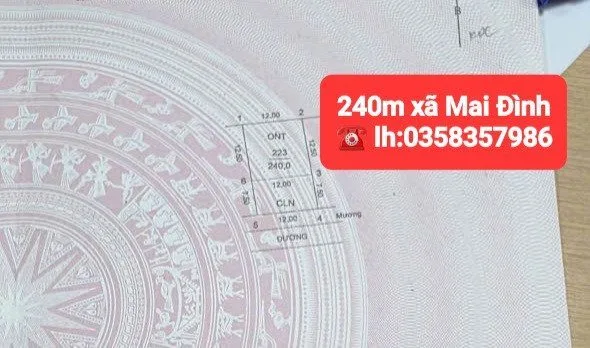 Bán đất 240m² có sẵn 150m² thổ cư ngang 12m giá 9.2 tỷ tại Xã Sóc Sơn