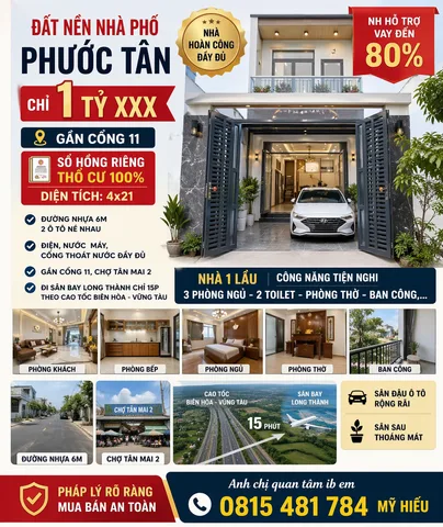 Đất nền nhà phố Phươc Tân chỉ 1 tỷ 600 gần cổng 11, sổ hồng riêng thổ cư 100% 
diện tích 4x21 nhà hoàn công đầy đủ