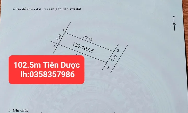 Bán đất 102.5m² full thổ cư ngang 5.27 giá 4.7 tỷ tại Xã Sóc Sơn