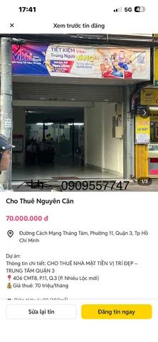Cho thuê nguyên căn mặt tiền đường cmt8