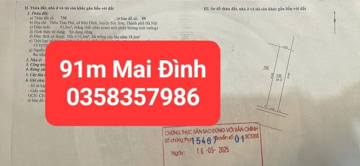 Bán đất 91m² có sẵn 52.4m² thổ cư ngang 4.16m giá 4.6 tỷ tại Xã Sóc Sơn