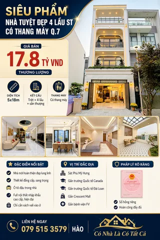 • Bán Nhà Q.7 Sát Phú Mỹ Hưng, 5x18m, 4 Lầu ST, Có Thang Máy, Sổ Hồng Riêng.