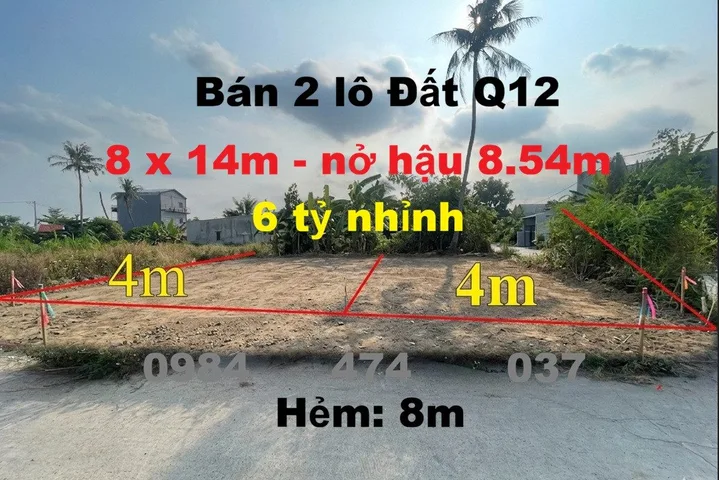 Bán cặp đất Thạnh Xuân 52 Q12, 8x14m nở hậu 8.54m, hẻm 8m xe tải, sổ riêng từng lô, giá 6.7 tỷ TL