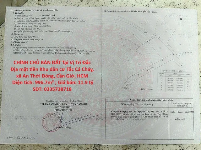 CHÍNH CHỦ BÁN ĐẤT Tại Vị Trí Đắc Địa mặt tiền Khu dân cư Tắc Cá Cháy, xã An Thới Đông, Cần Giờ. Dt 996.7 m2, full thổ cư.