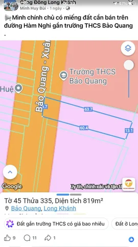 Bán đất 1080.5m² có sẵn 100m² thổ cư ngang 13,7mm giá 4 tỷ tại Đường Hàm Nghi Phường Bảo Vinh