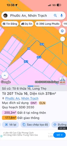 Bán đất 377.7m² có sẵn 100m² thổ cư ngang 14m giá 12 tỷ tại Xã Phước An